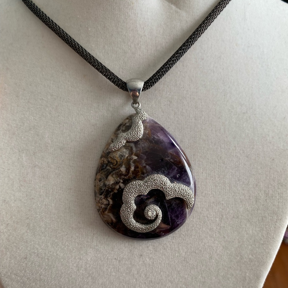 Amethyst Teardrop Necklace with Silver Highlights